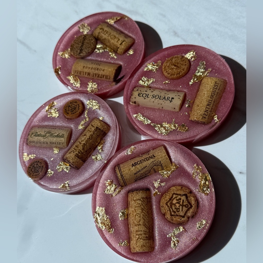 Set of 4 handmade resin metallic Pink Coasters with Gold leaf and cork Accents